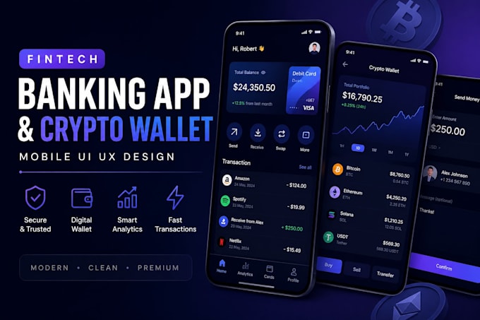 design fintech banking app and crypto wallet mobile UI UX