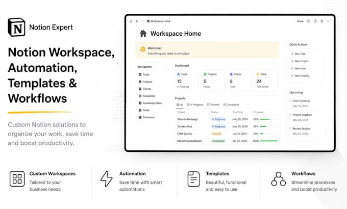 setup notion workspace, automation, templates and workflows