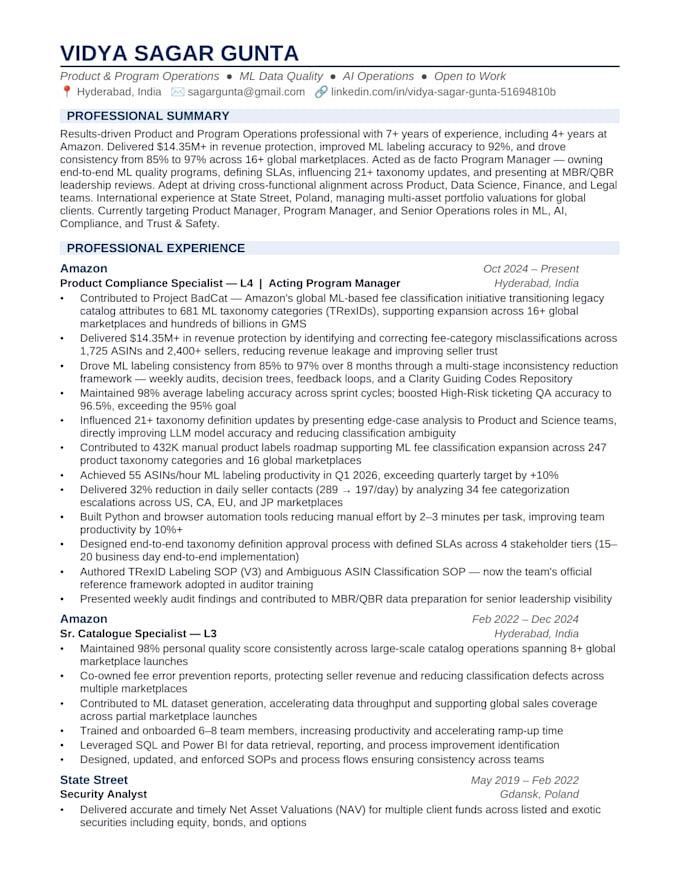 write an ats optimized resume for operations product and tech roles