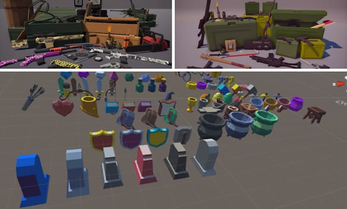create stylized low poly 3d game assets, props, for unity