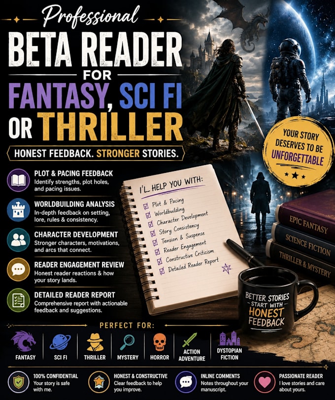 beta read your fantasy sci fi or thriller manuscript professionally
