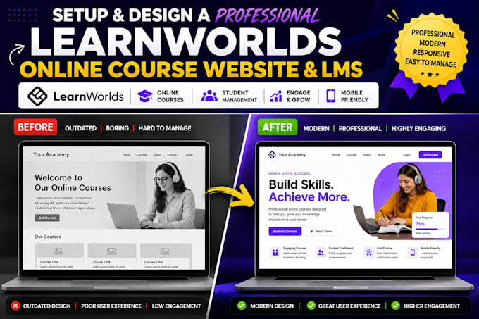 setup and design a professional learnworlds online course website and lms