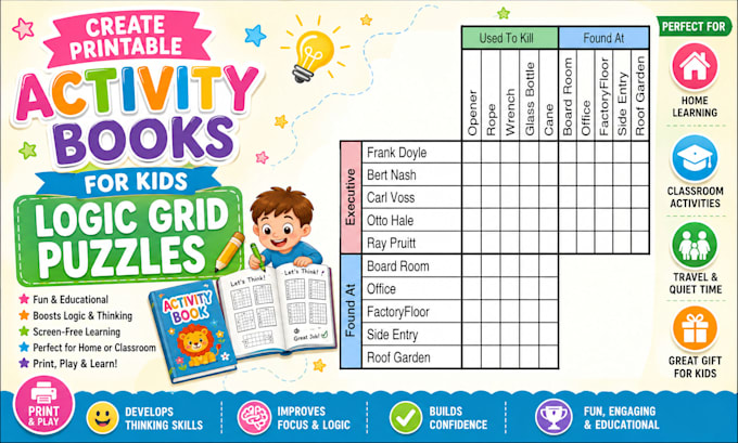 create printable activity books for kids logic grid puzzles
