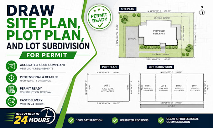 draw site plan, plot plan, and lot subdivision for permit in 24 hours