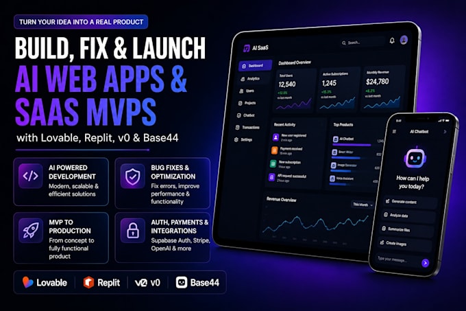 develop or fix your ai saas mvp with lovable, replit, v0