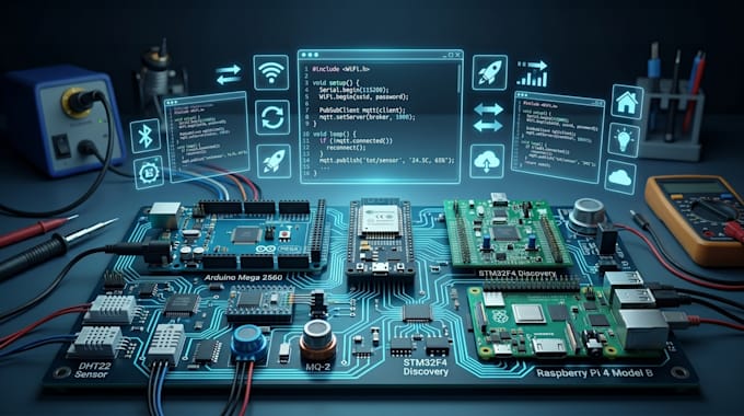 develop custom iot firmware for arduino, esp32, stm32, and pi