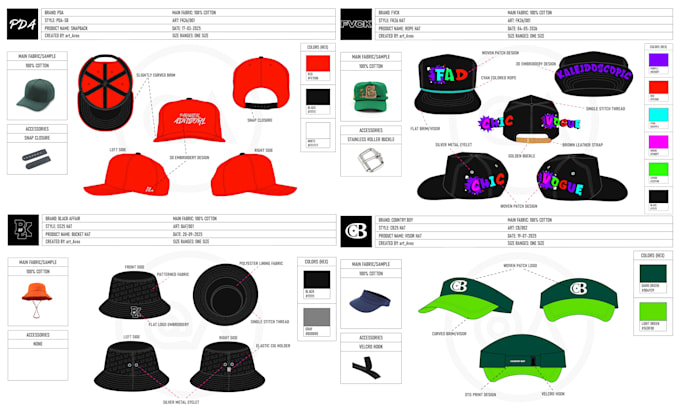 design rope cap, snapback, bucket hat mockup tech pack