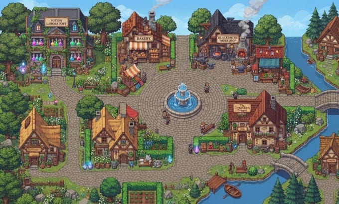 create 2d top down pixel art tileset, rpg maker tilemap sprite sheet game assets