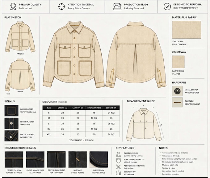 create fashion tech pack and flat sketch for garment production