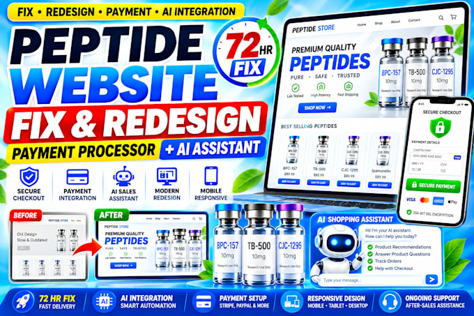 72hrs design peptide website, fix peptide payment processor issues