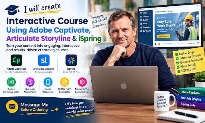 create interactive course using adobe captivate, articulate storyline, ispring