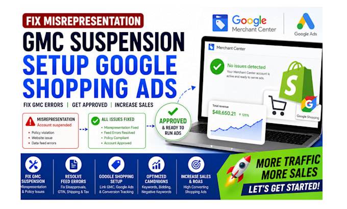 fix misrepresentation gmc suspension, setup google shopping ads, fix gmc errors
