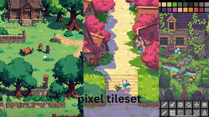 do isometric pixel art tileset, topdown tileset, pixel tilemap, pixel game asset