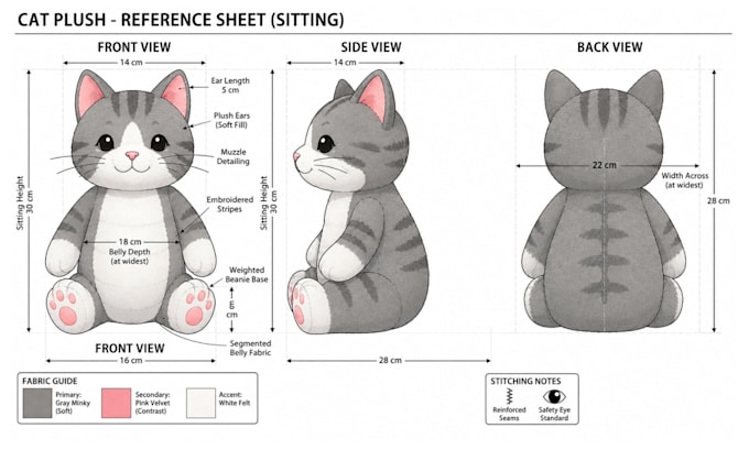 design custom plush reference sheet stuffed animal toy concept plushie tech pack