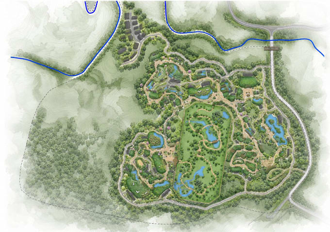 create realistic 3d ai zoo, safari and theme park perspective concept renders