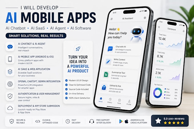 ai mobile app, ai chatbot, saas app and ai software solution