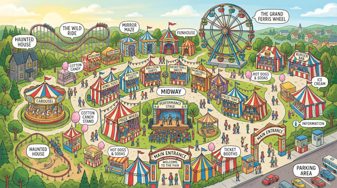 do festival maps, concert maps, stadium maps, convention maps, fairground maps