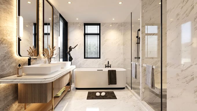 design a modern bathroom interior and create photorealistic 3d renderings
