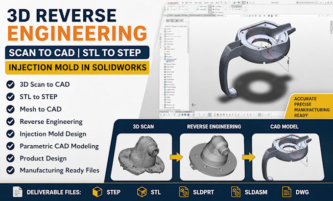 do 3d reverse engineering scan to cad, stl to step  injection mold in solidworks
