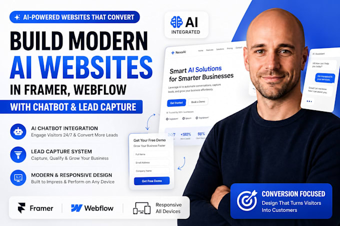 build modern ai website design in framer, webflow with chatbot and lead capture