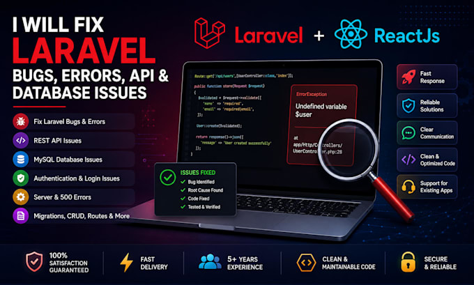 fix laravel bugs, 500 errors, API and database issues