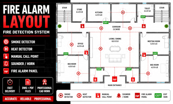 create professional autocad 2d drawings, and fire detection drawings