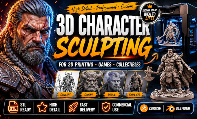 create 3d character model, 3d sculpt for 3d printing, stl miniature