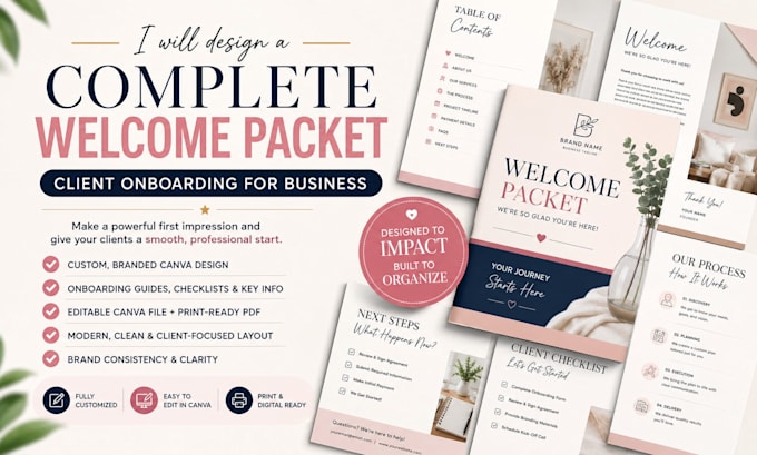 design a complete welcome packet, client onboarding for business editable packet