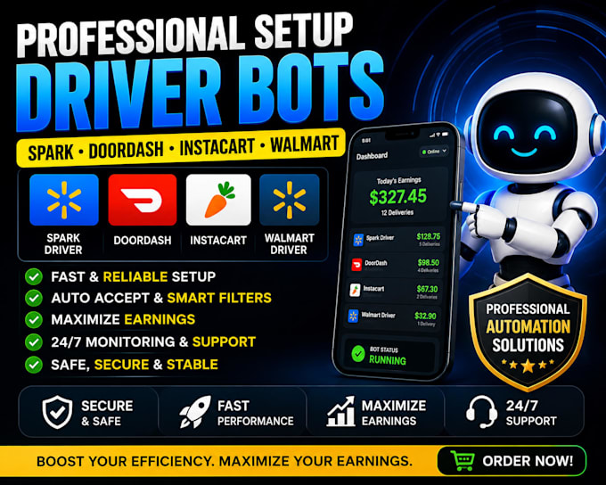 setup paying spark driver bot, doordash bot, instacart bot, walmart driver bot