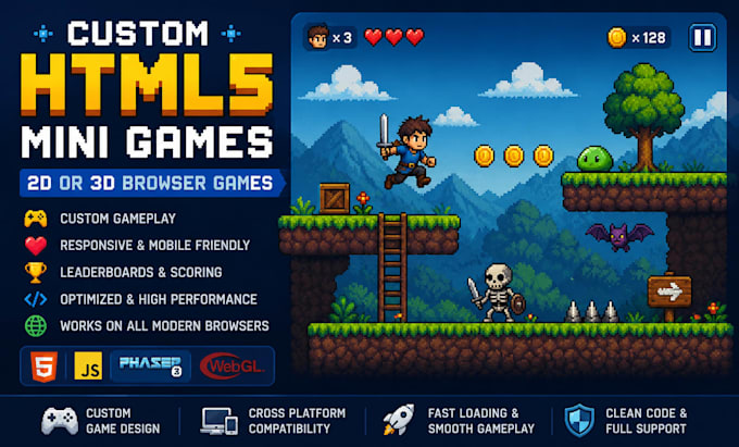 develop custom 2d HTML5 mini games, 2d or 3d, multiplayer games for web