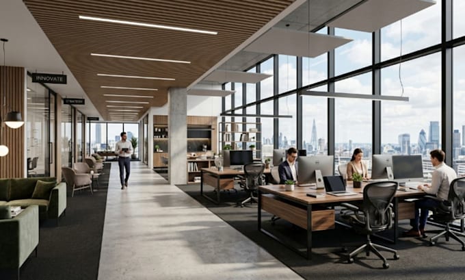 do commercial restaurant, office, cafe interior design with realistic 3d render