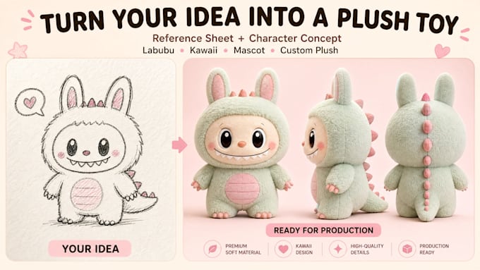 custom plush toy design stuffed animal plushie labubu character reference sheet