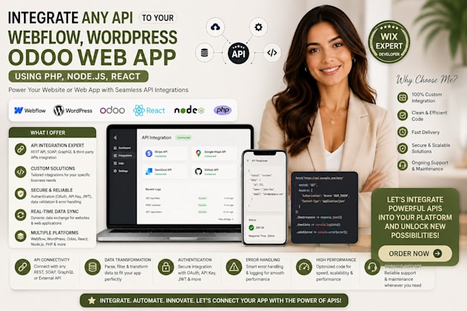 integrate any API to your webflow wordpress odoo web app using PHP, node react