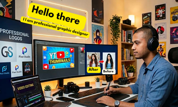 photo editing, video editing, logo design, thumbnails