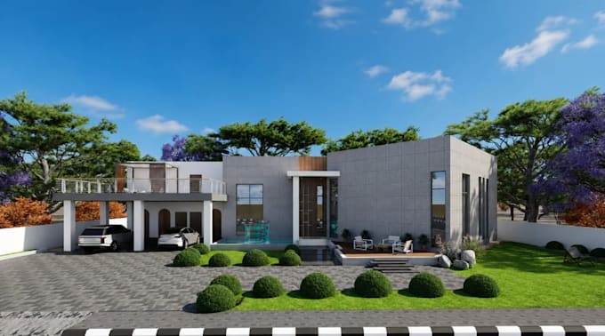 render villa house elevation drawing,modern facade, high end building cgi render