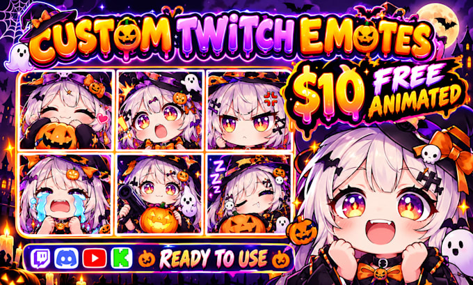 draw custom twitch emotes, animated vtuber emotes, badge for halloween event