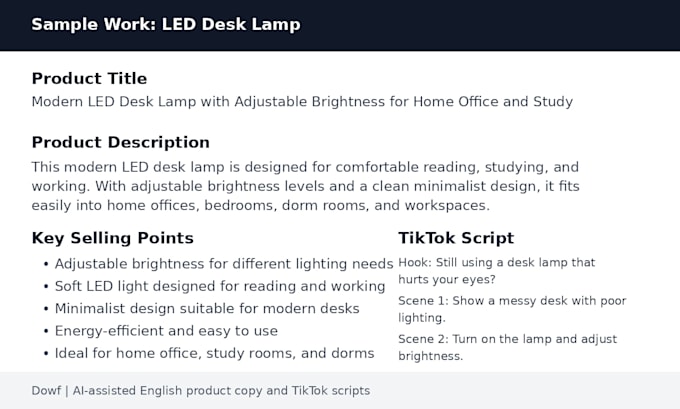 write product descriptions and tiktok scripts