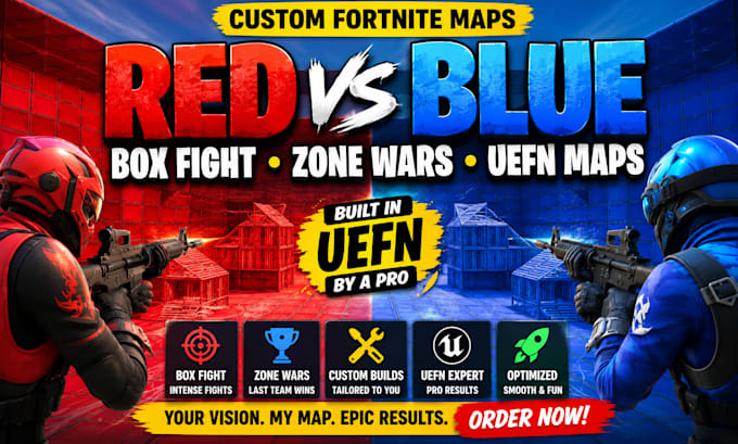 build custom fortnite red vs blue, box fight, or zone wars map in uefn map