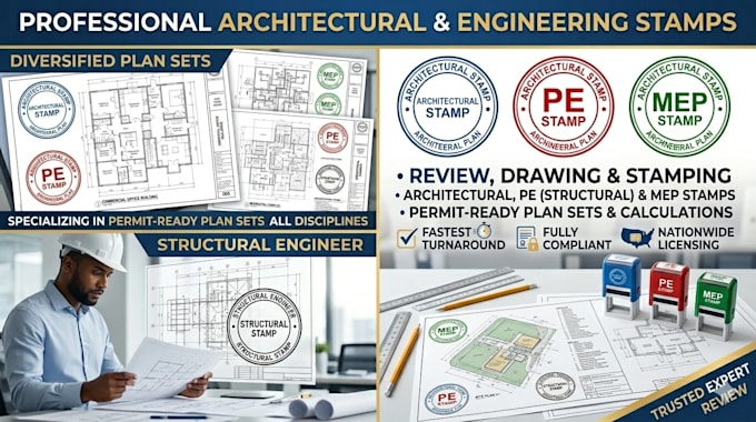 review, draw architectural stamp, pe stamp, mep, floor plan, structural plan