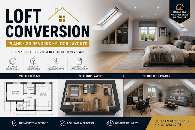 design loft conversion plans with 3d attic renders and floor layout