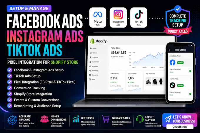 setup facebook ads instagram ads, tiktok ads pixel integration for shopify store