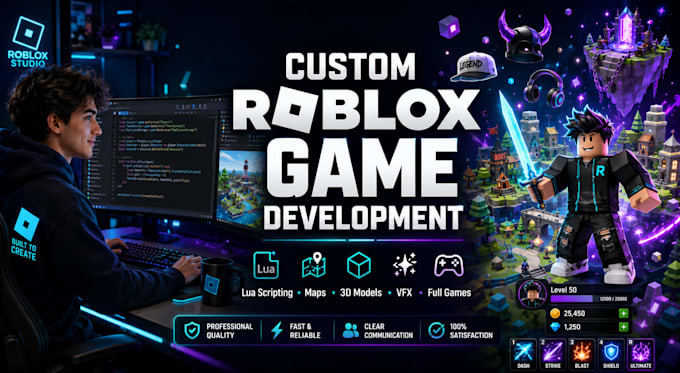 create a custom roblox game with lua scripting, map, and full development