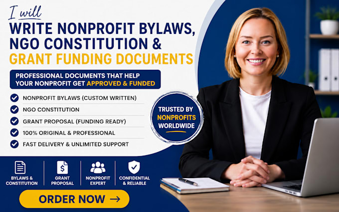 write nonprofit bylaws, ngo constitution and grant proposal