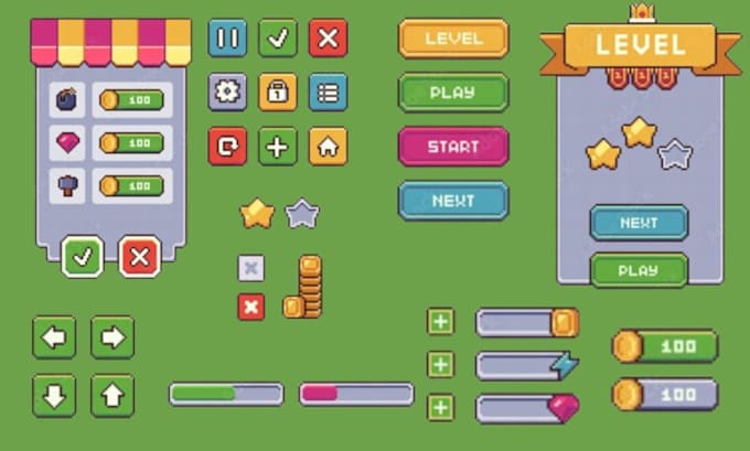 do pixel game art icons, UI, hud, gui, tile set, props, menu health bar screen