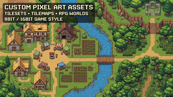 create 8bit 16bit pixel art background top down tileset tilemap rpg game assets
