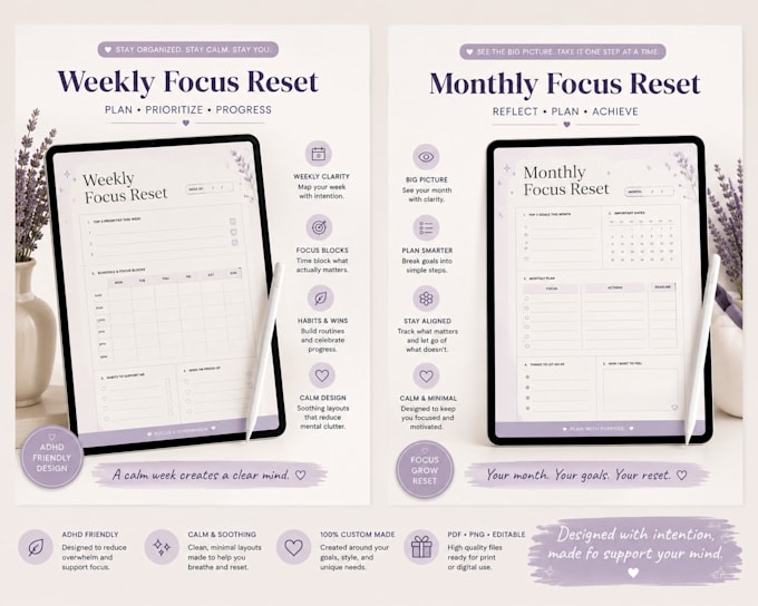 create calming custom adhd planners, journals and focus workbooks