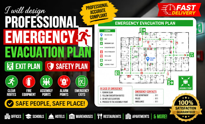 design professional emergency evacuation plan, exit plan, safety plan