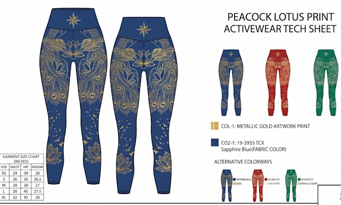 create activewear tech pack, sportswear techpack with flat sketch for production