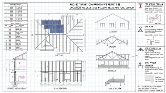 fire sprinkler plan gas plan structural plan deck permit drawing in texas, ny ga