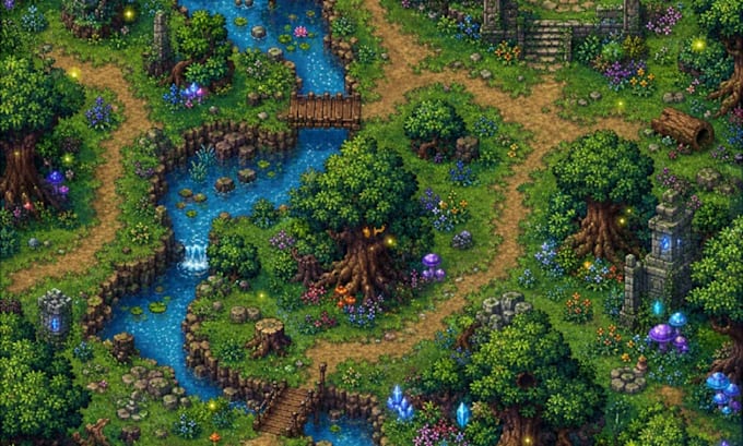 create isometric pixel art, pixel game art, tileset and retro 2d game assets